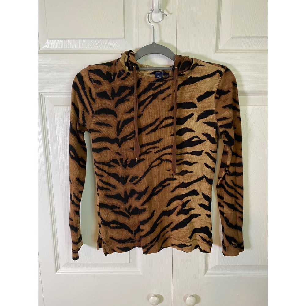 Chaps Womens Tiger Print Thermal Hoodie Brown Black Waffle Knit Top Size S